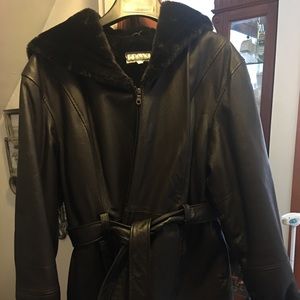 Pelle leather hip length tie coat dark brown xl